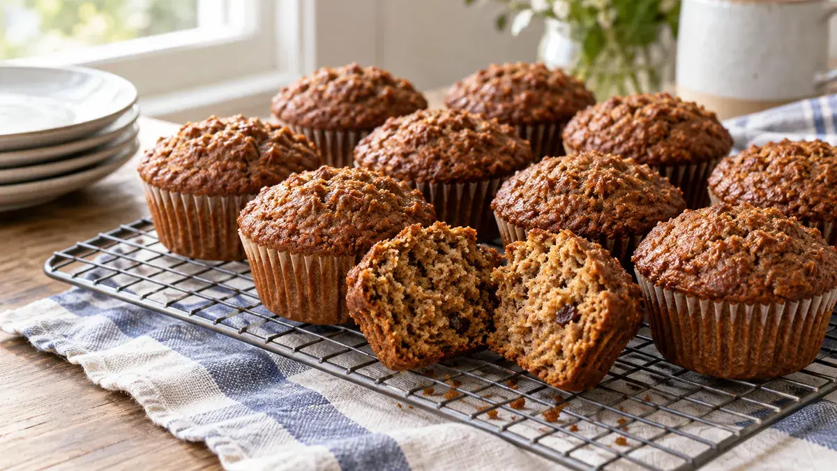 Bran muffins on a cooling rack, one split open