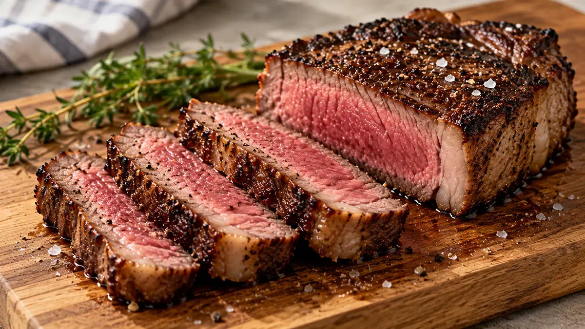 Thick reverse-seared steak sliced on a board, showing an even pink center and dark crust