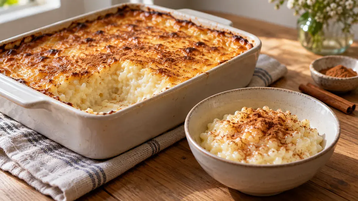 Baked rice pudding with a golden top, a serving in a bowl dusted with cinnamon