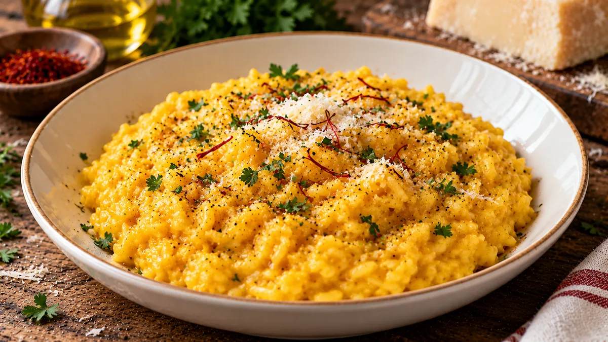 Creamy golden saffron risotto topped with shaved Parmesan in a bowl