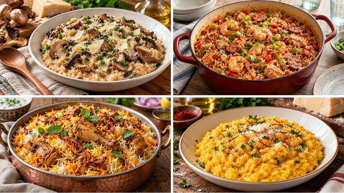 Collage of four rice dishes: wild mushroom risotto, jambalaya, chicken biryani and saffron risotto