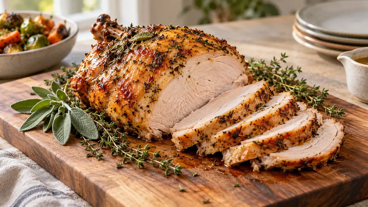 Herb butter roast turkey breast sliced on a carving board with sage and thyme