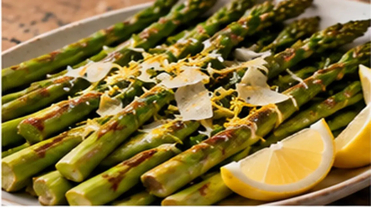 Roasted asparagus with shaved Parmesan, lemon zest and lemon wedges