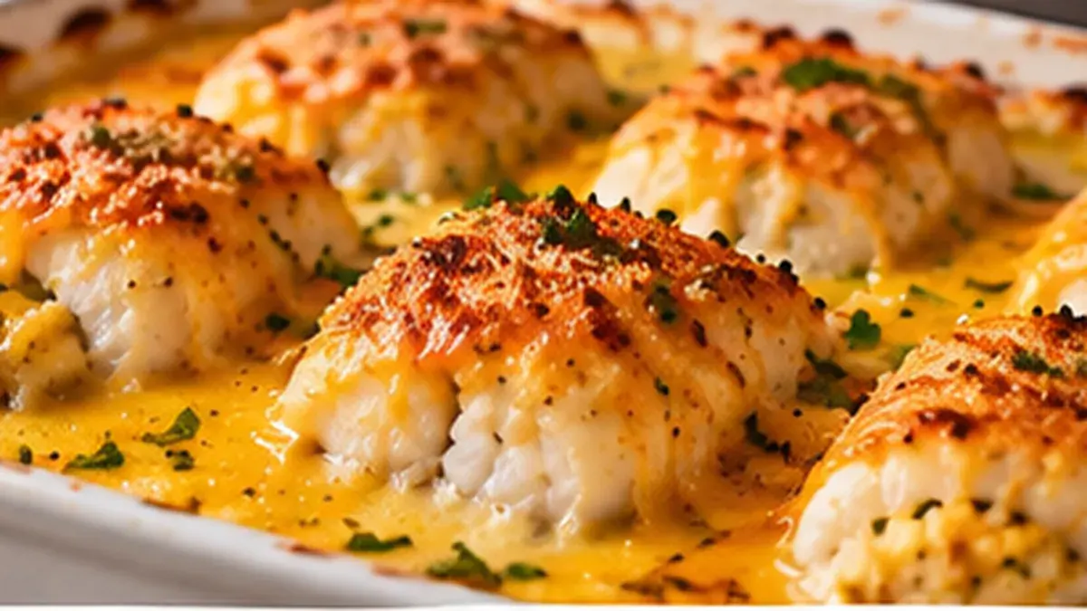Rolled fish fillets baked under a golden Cheddar cheese sauce