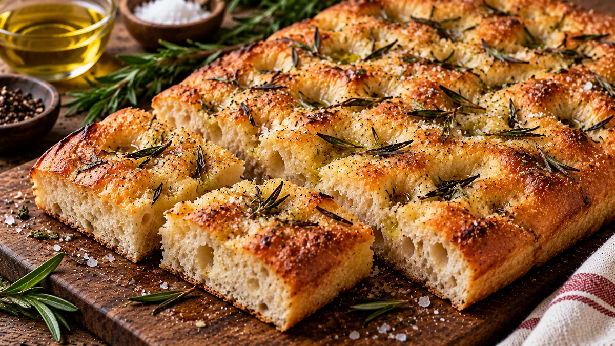Golden dimpled rosemary focaccia in a pan with olive oil and flaky salt, a few squares cut