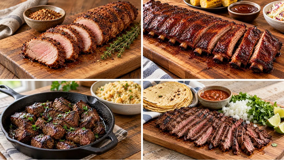 Collage of four dishes made with rubs and marinades: spice-rubbed pork tenderloin, smoked ribs, steak tips and carne asada