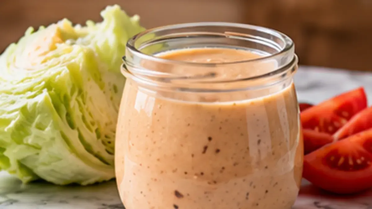 Jar of creamy Russian dressing beside a wedge of iceberg lettuce and tomatoes
