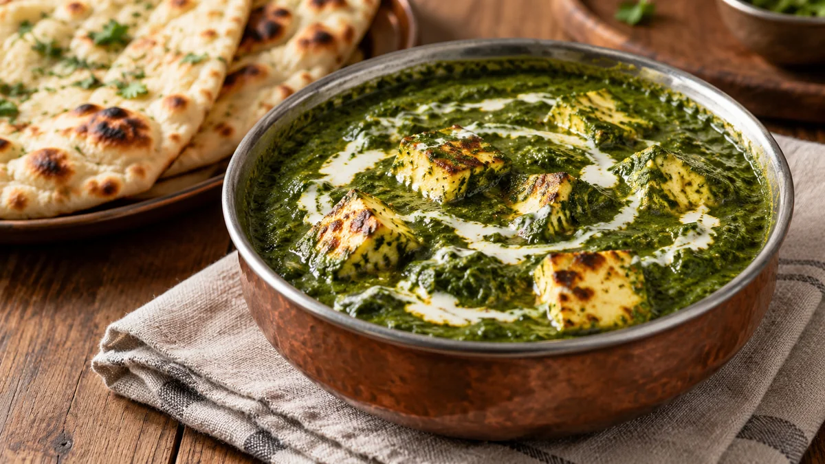Saag paneer with browned paneer cubes in creamy spinach sauce