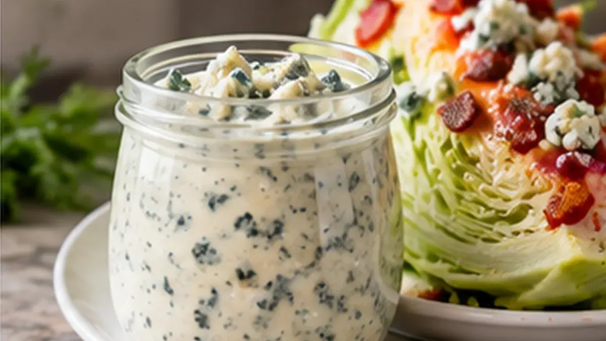 Jar of bleu cheese dressing beside a wedge salad