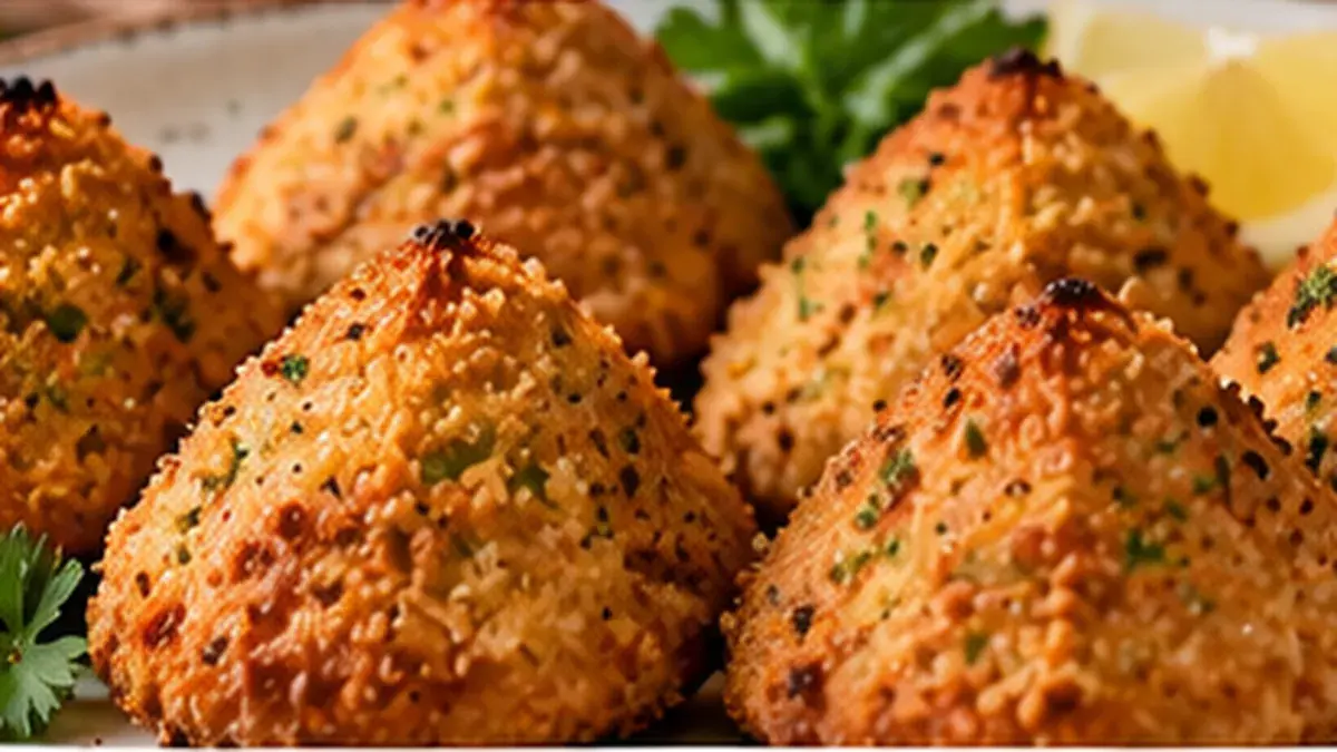 Golden cone-shaped baked salmon croquettes with a crisp crumb coating