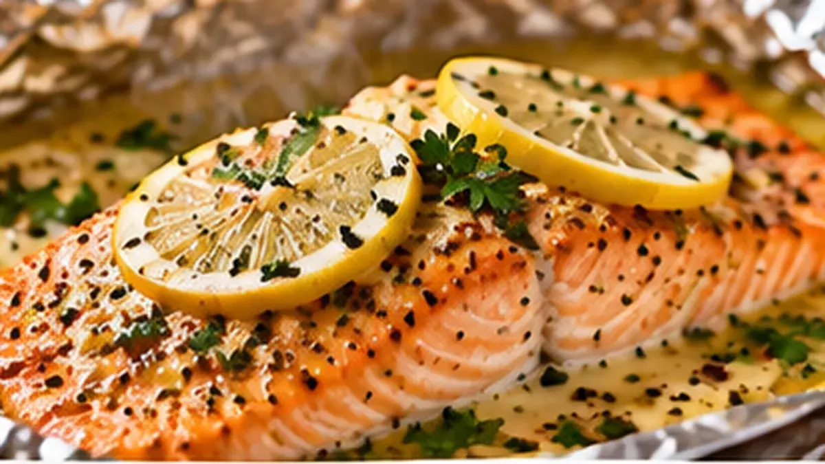 Salmon fillet baked in foil with a lemon Dijon sauce, lemon slices and parsley