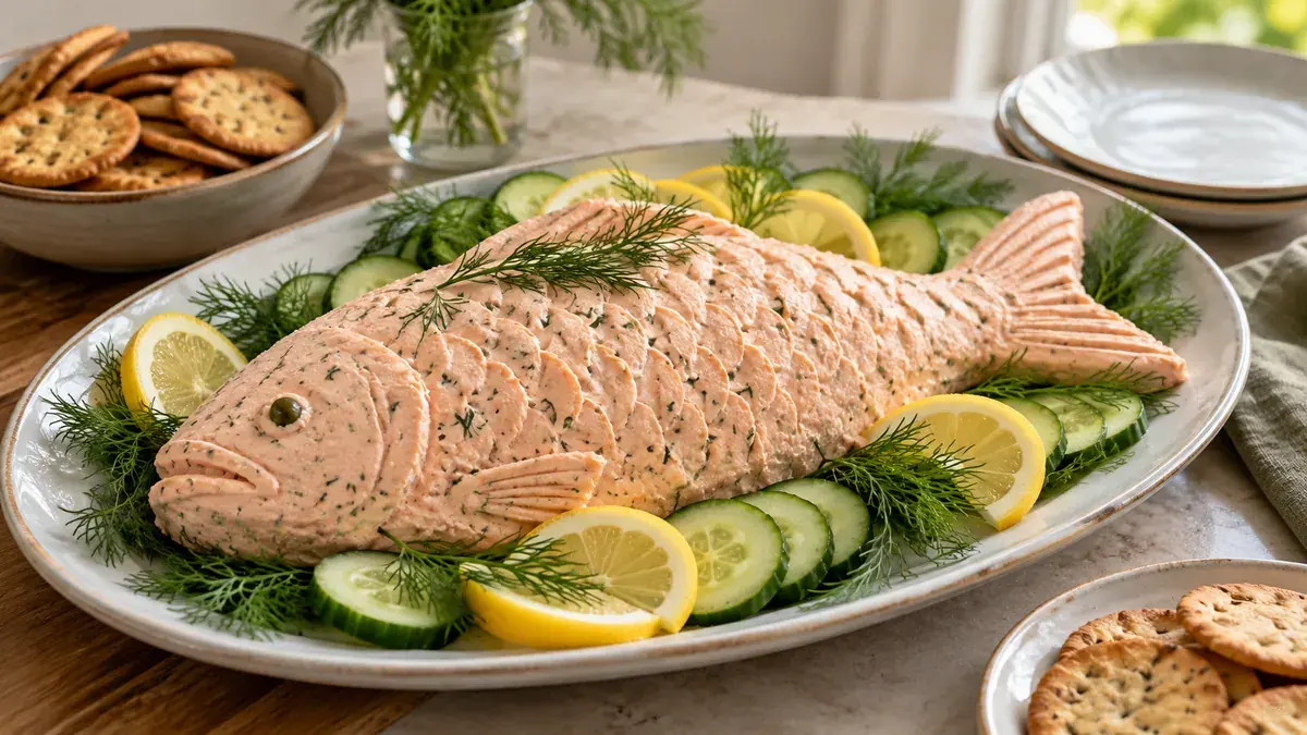 Fish-shaped salmon mousse on a platter with dill, cucumber and lemon slices