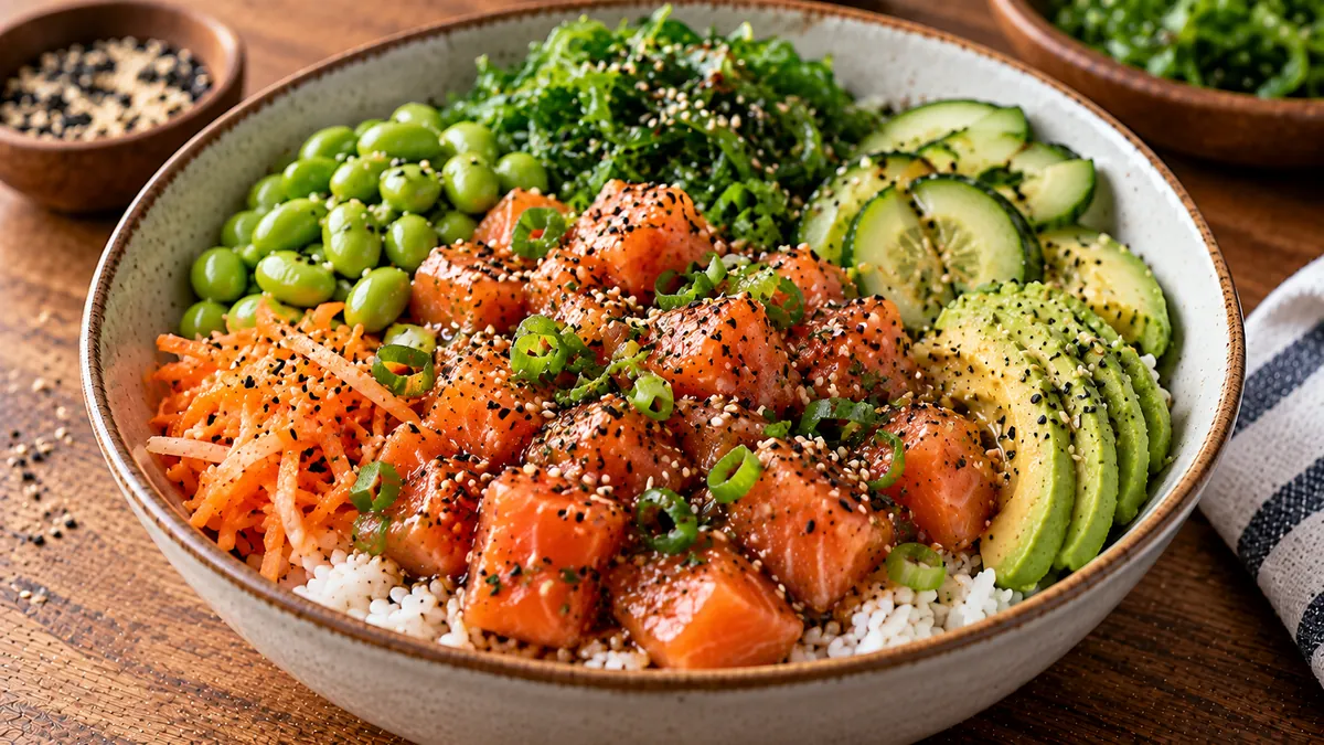 Salmon poke bowl with rice, avocado, cucumber, edamame, carrots and sesame seeds