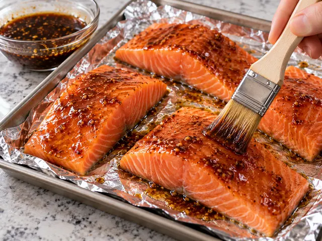 Salmon fillets on a foil-lined sheet pan being brushed with a shiny soy, honey and ginger glaze