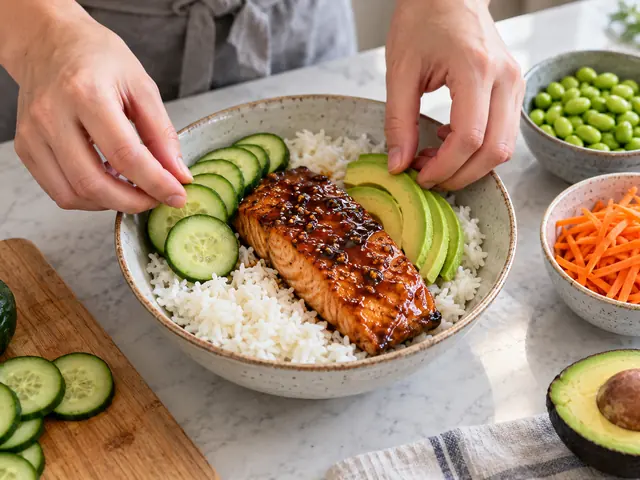Hands arranging sliced cucumber and avocado around a piece of glazed salmon in a bowl of rice, bowls of edamame and shredded carrot nearby