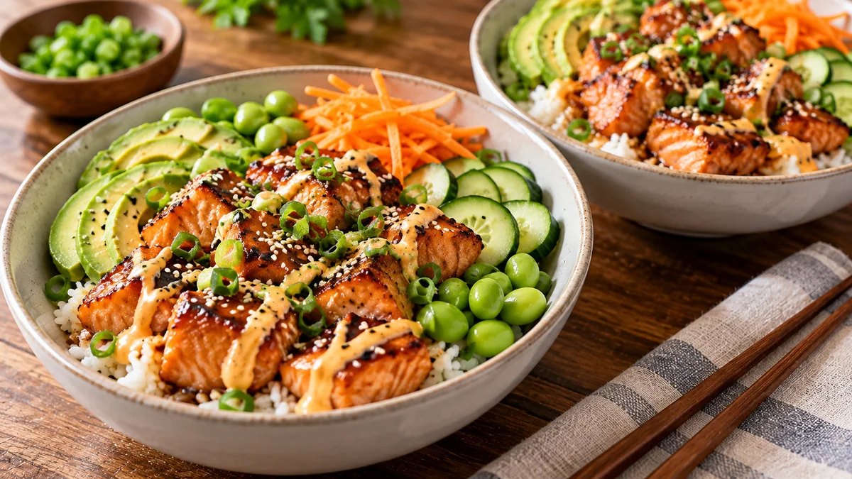 Salmon rice bowls with glazed salmon, avocado, cucumber, edamame and sriracha sauce