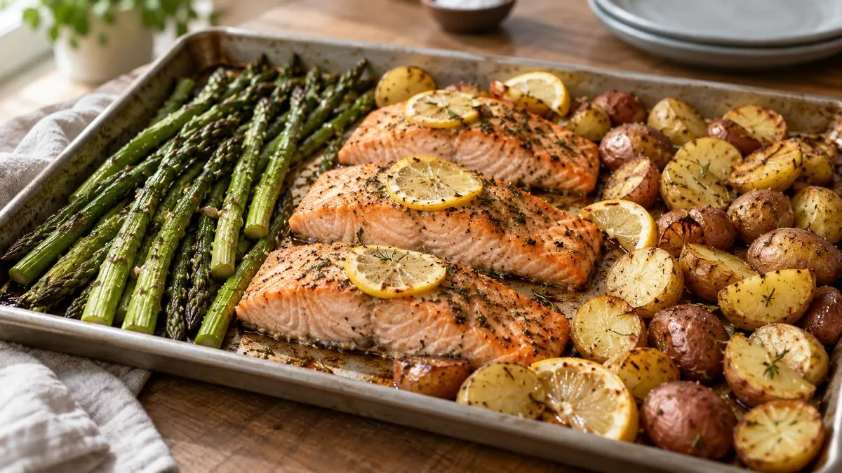 Sheet pan of roasted salmon with lemon slices, asparagus and baby potatoes