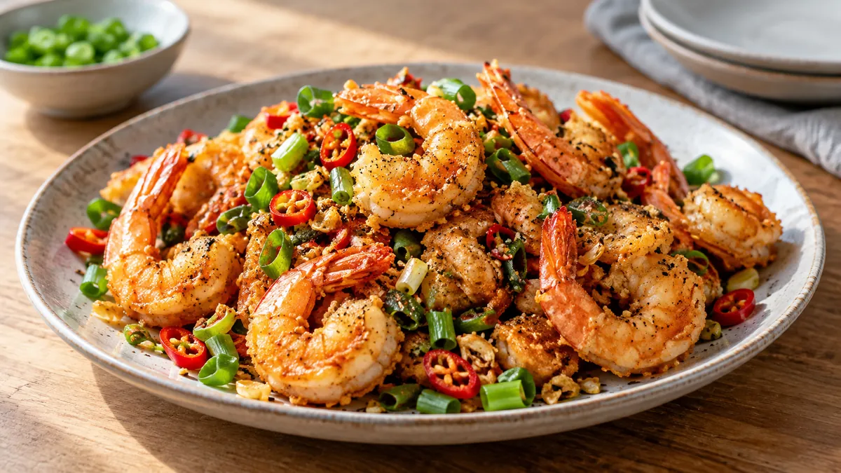 Platter of crispy salt and pepper shrimp with sliced chiles and green onions