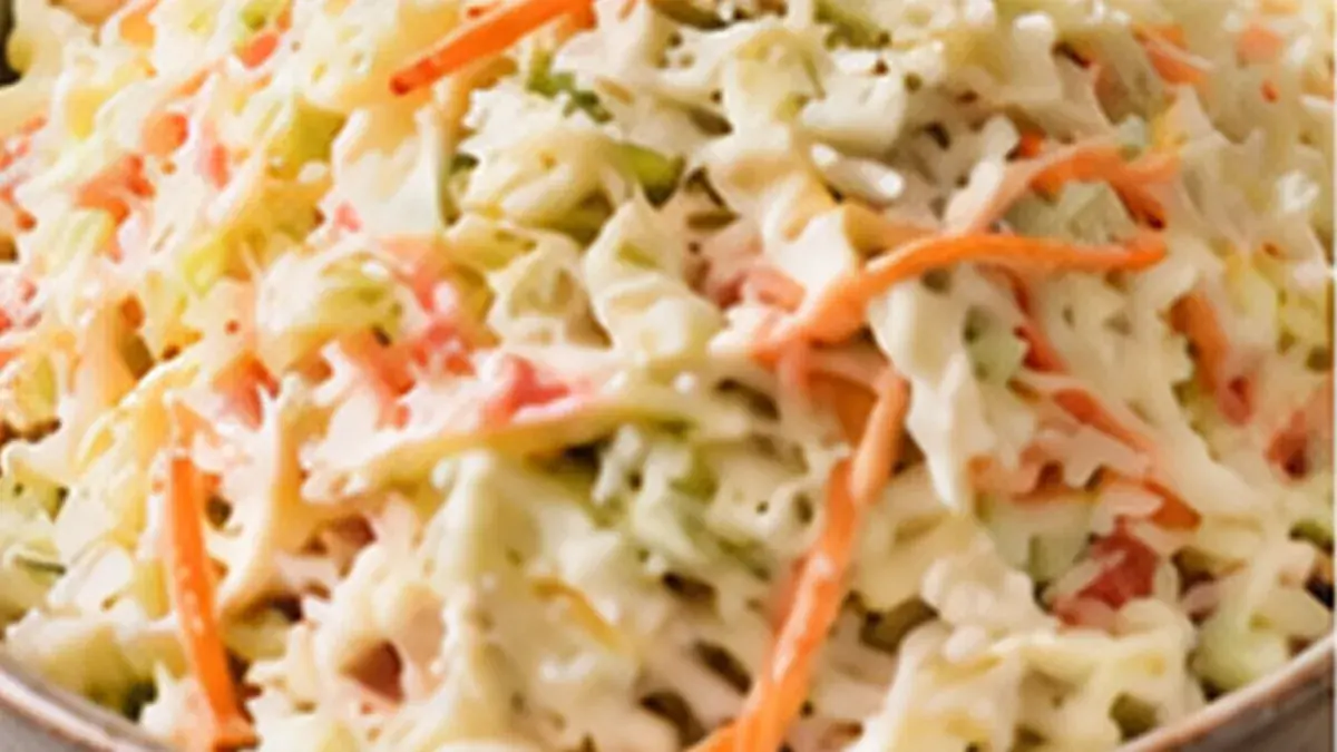 Bowl of creamy shredded cabbage and carrot cole slaw
