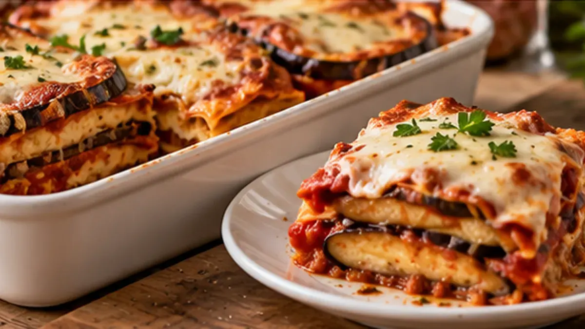 Eggplant Parmesan with layers of eggplant, sauce and melted cheese, one serving plated
