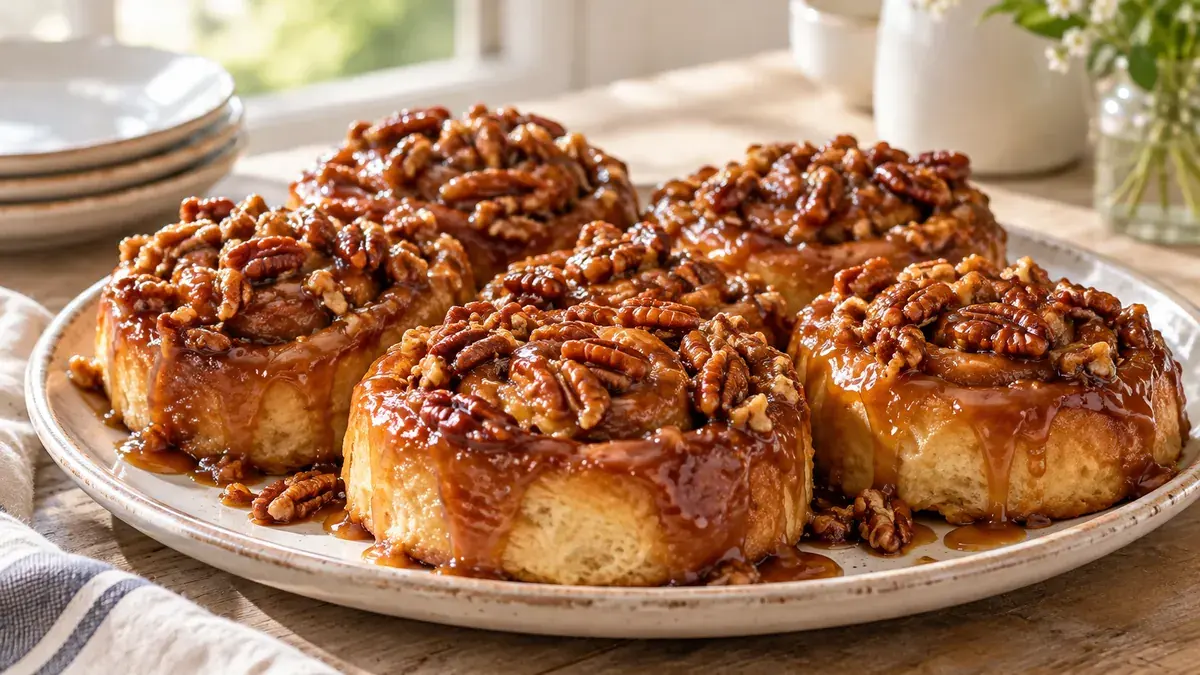 Sticky pecan rolls with caramel and pecans on a platter