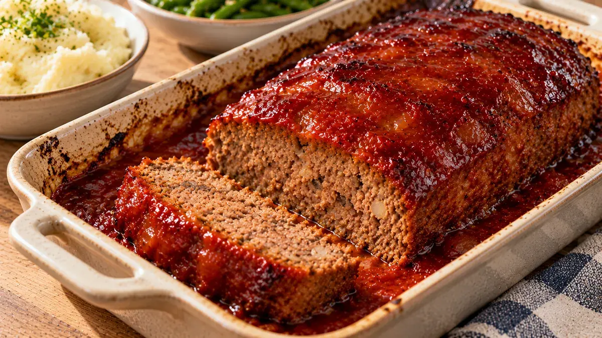Baked meat loaf covered in a thick sweet and tangy tomato sauce in a baking dish