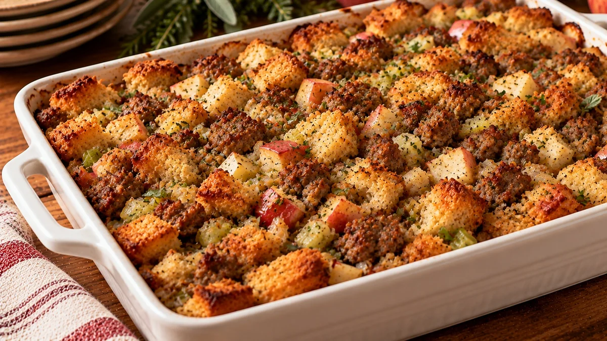 Sausage and apple stuffing with a crisp golden top