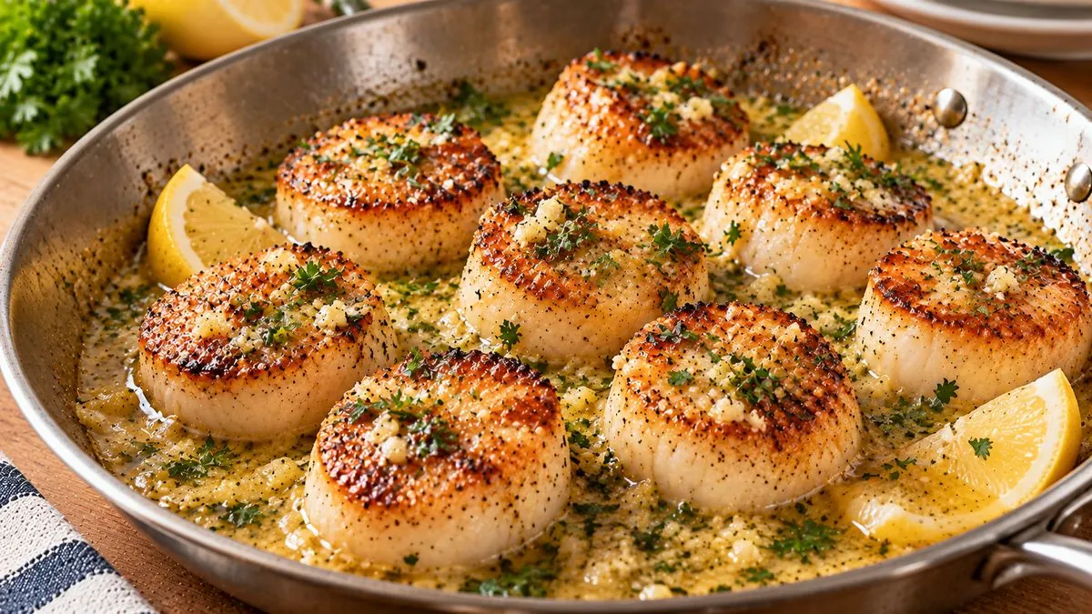 Pan-seared sea scallops with golden crusts in lemon garlic butter in a skillet