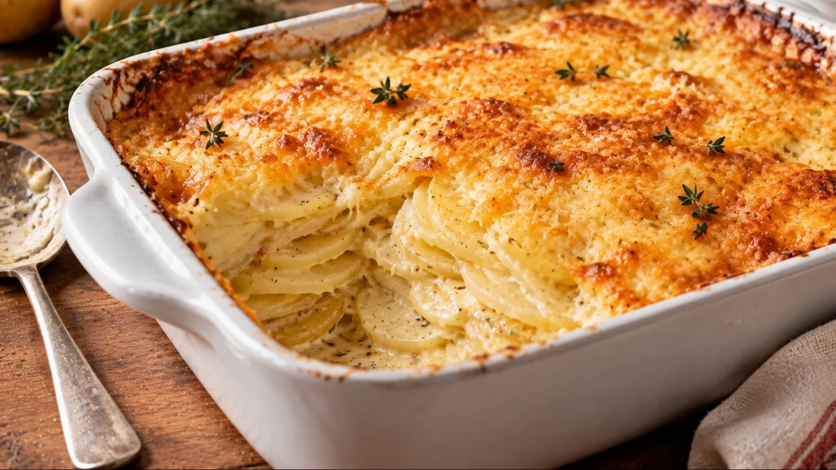 Scalloped potatoes with a golden cheese top in a baking dish
