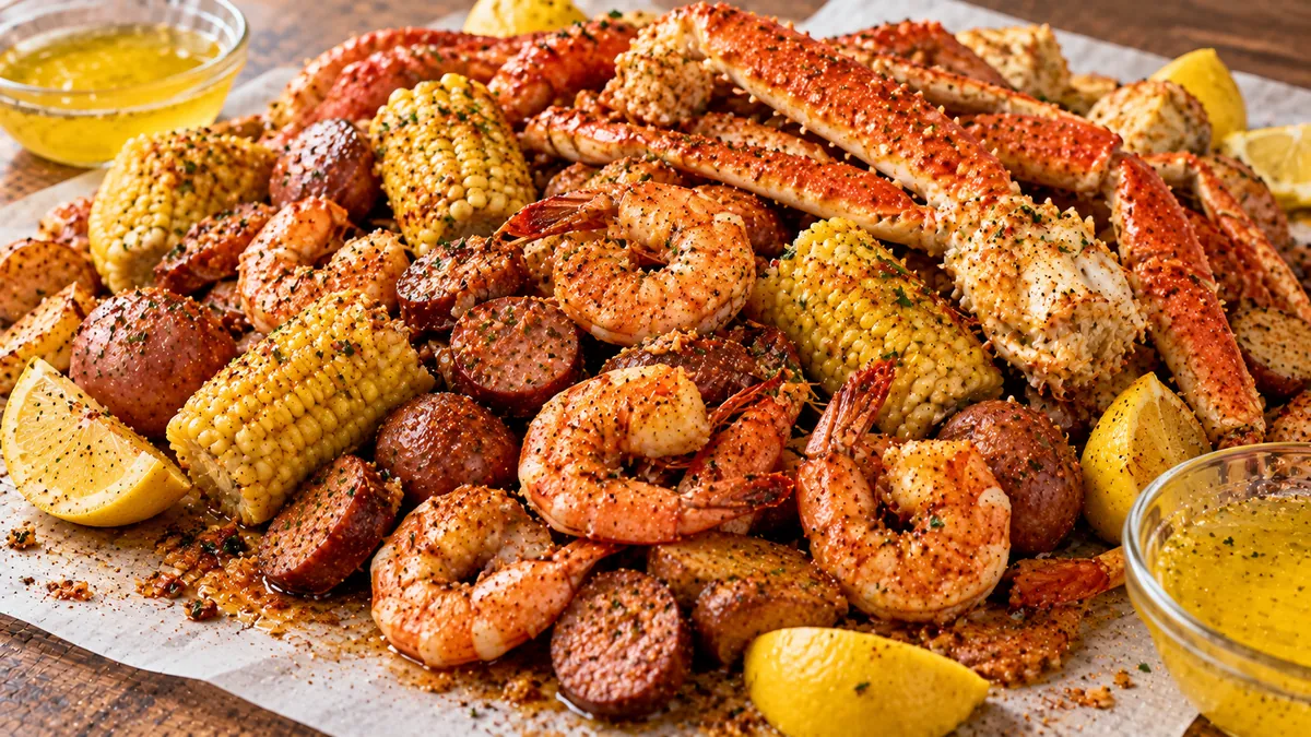 Seafood boil of shrimp, crab legs, corn, potatoes and sausage on paper with lemons and butter