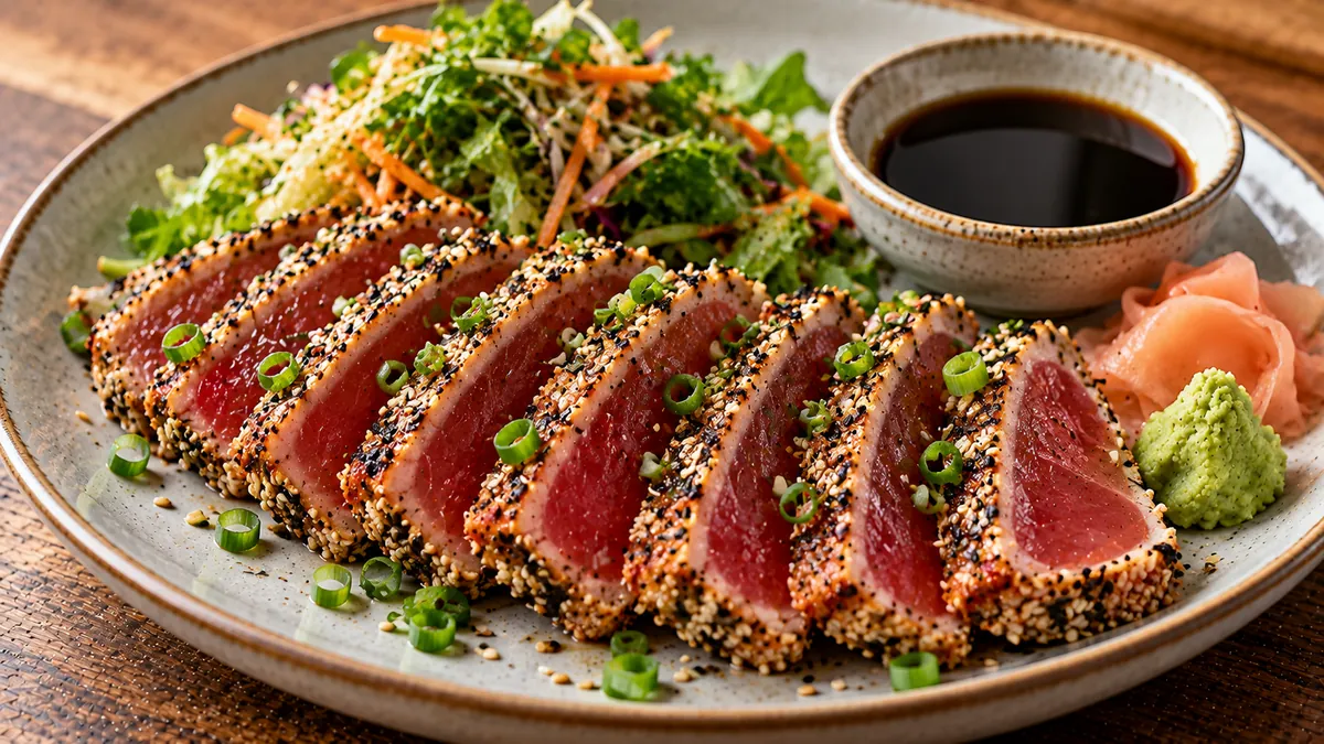 Sliced sesame-crusted seared ahi tuna with a red center, soy sauce, wasabi and ginger