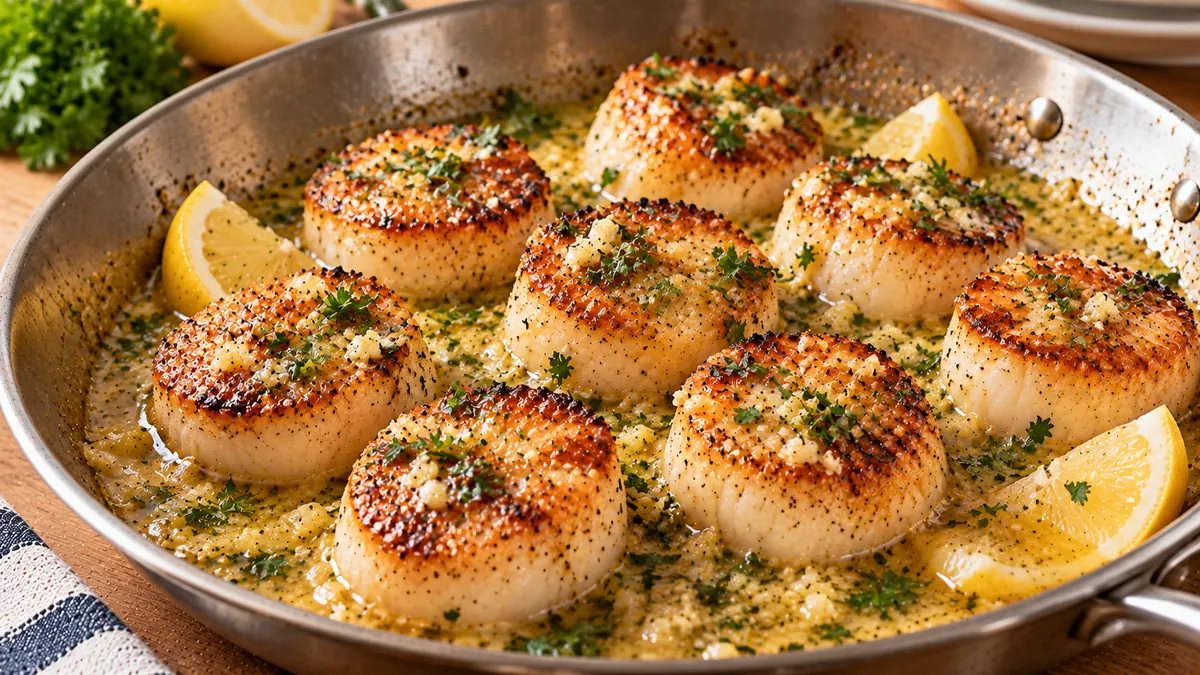 Golden seared sea scallops in a skillet