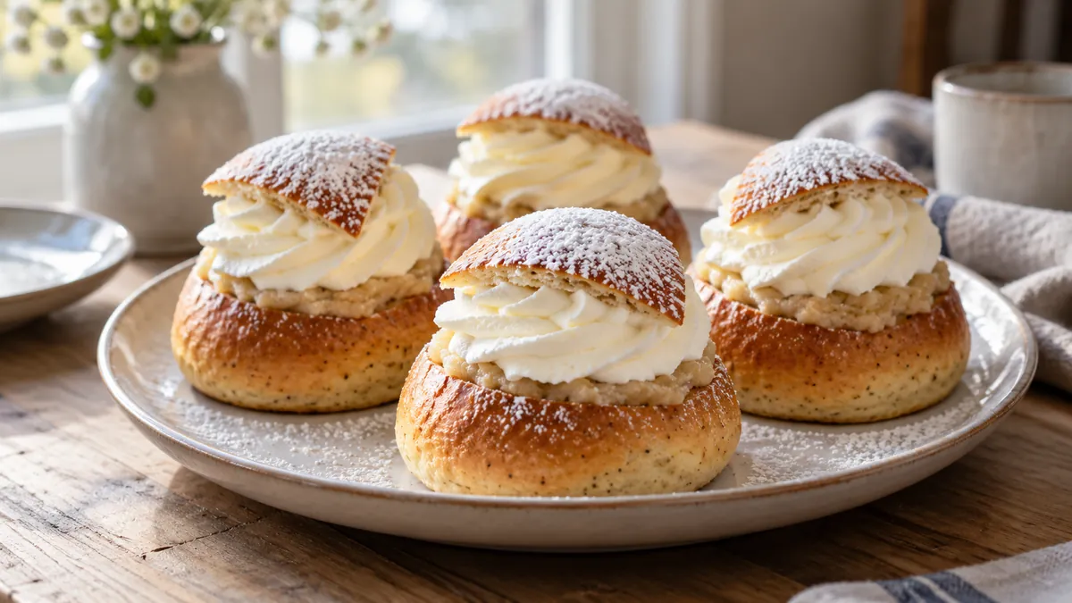 Swedish cream buns filled with whipped cream and dusted with powdered sugar