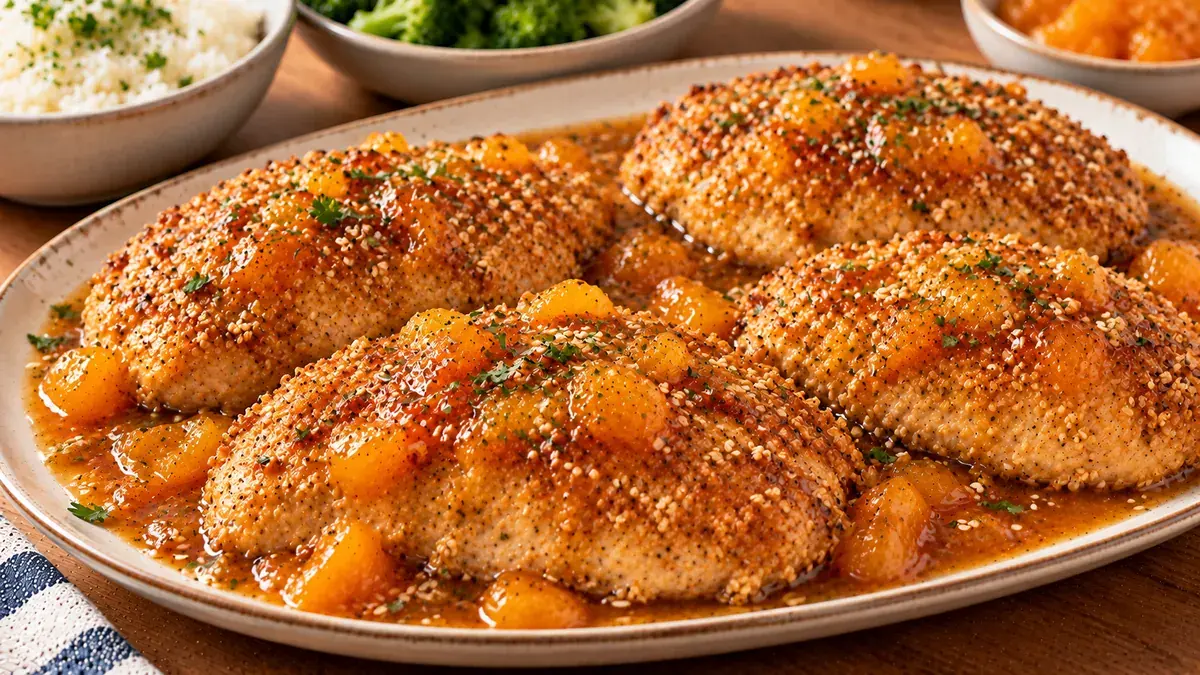 Sesame-crusted chicken breasts under an apricot sauce on a platter