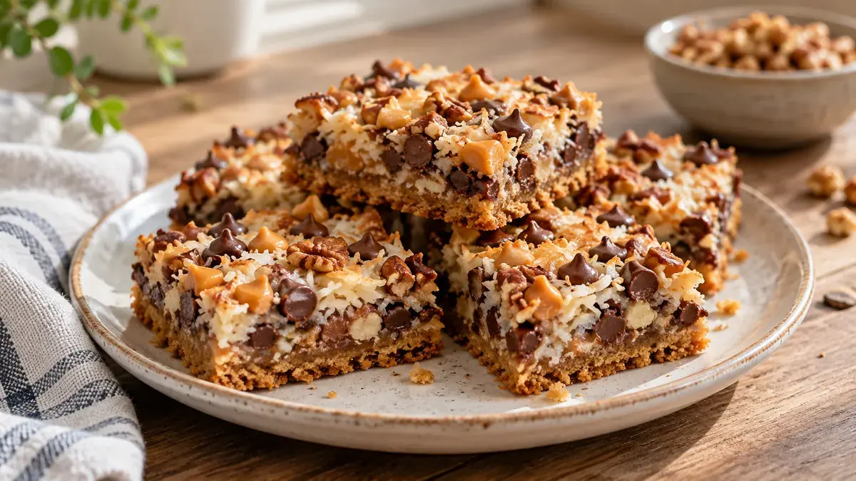Seven layer bars with coconut, chocolate and butterscotch chips and walnuts