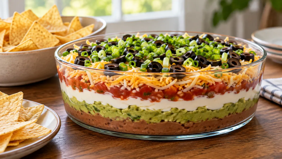 Glass dish of seven-layer dip showing beans, guacamole, sour cream, salsa and cheese with chips