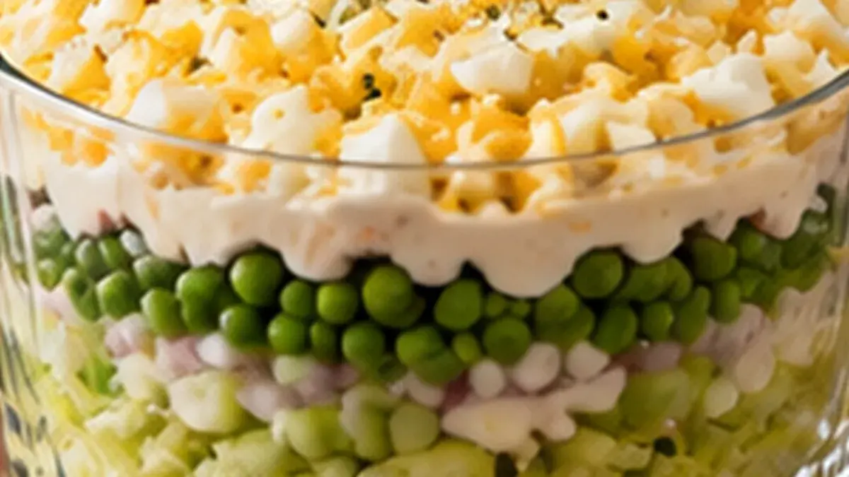 Seven layer salad in a glass trifle bowl showing lettuce, peas, dressing and chopped egg layers