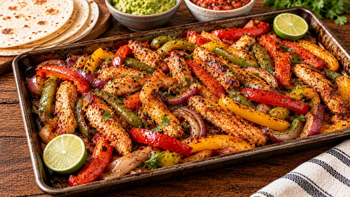 Sheet pan chicken fajitas with charred peppers and onions and warm tortillas