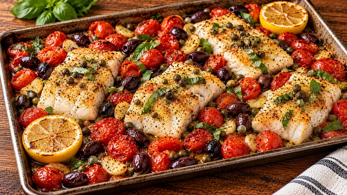 Sheet pan cod fillets with blistered cherry tomatoes, olives and basil