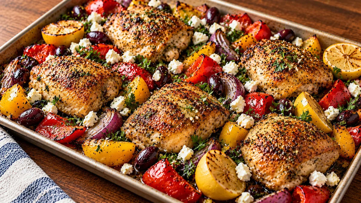Sheet pan Greek chicken with peppers, red onion, olives and feta