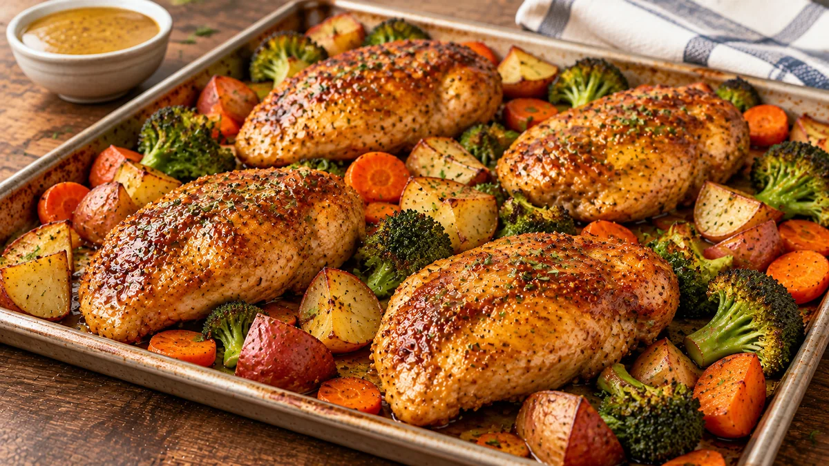 Sheet pan honey mustard chicken with carrots, potatoes and broccoli