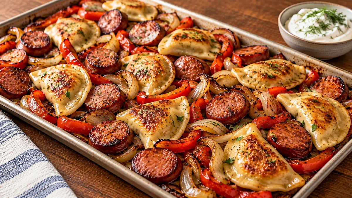 Sheet pan kielbasa and pierogi with onions, peppers and sour cream