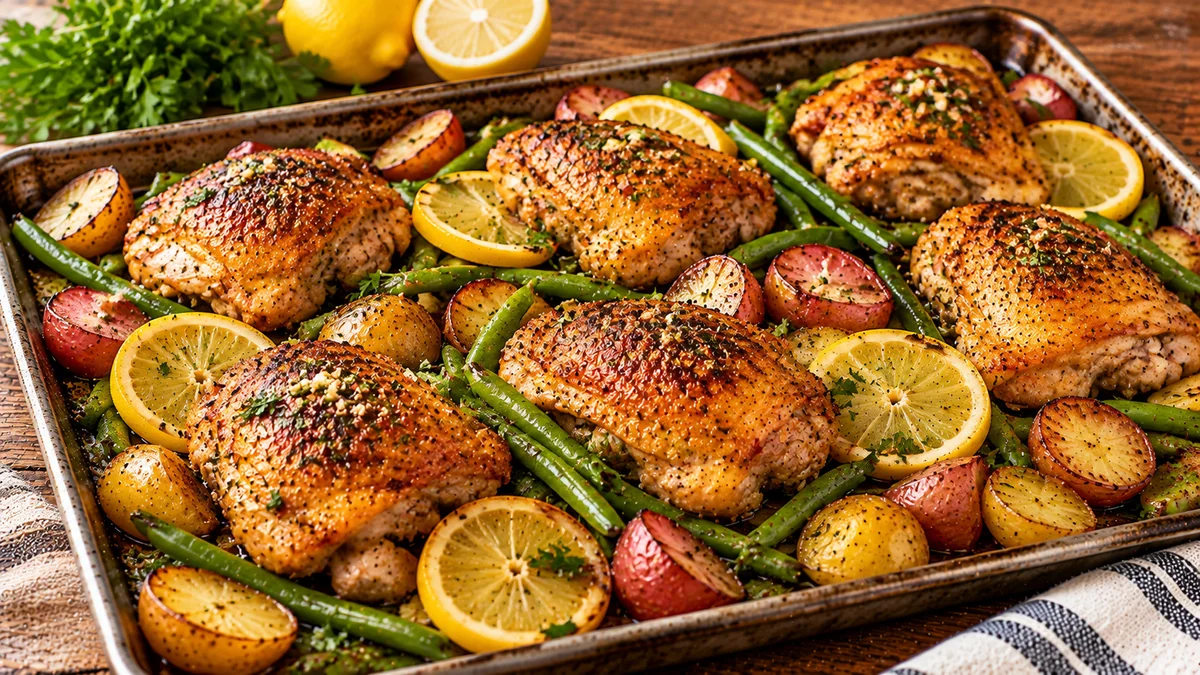 Sheet pan lemon garlic chicken thighs with potatoes and green beans