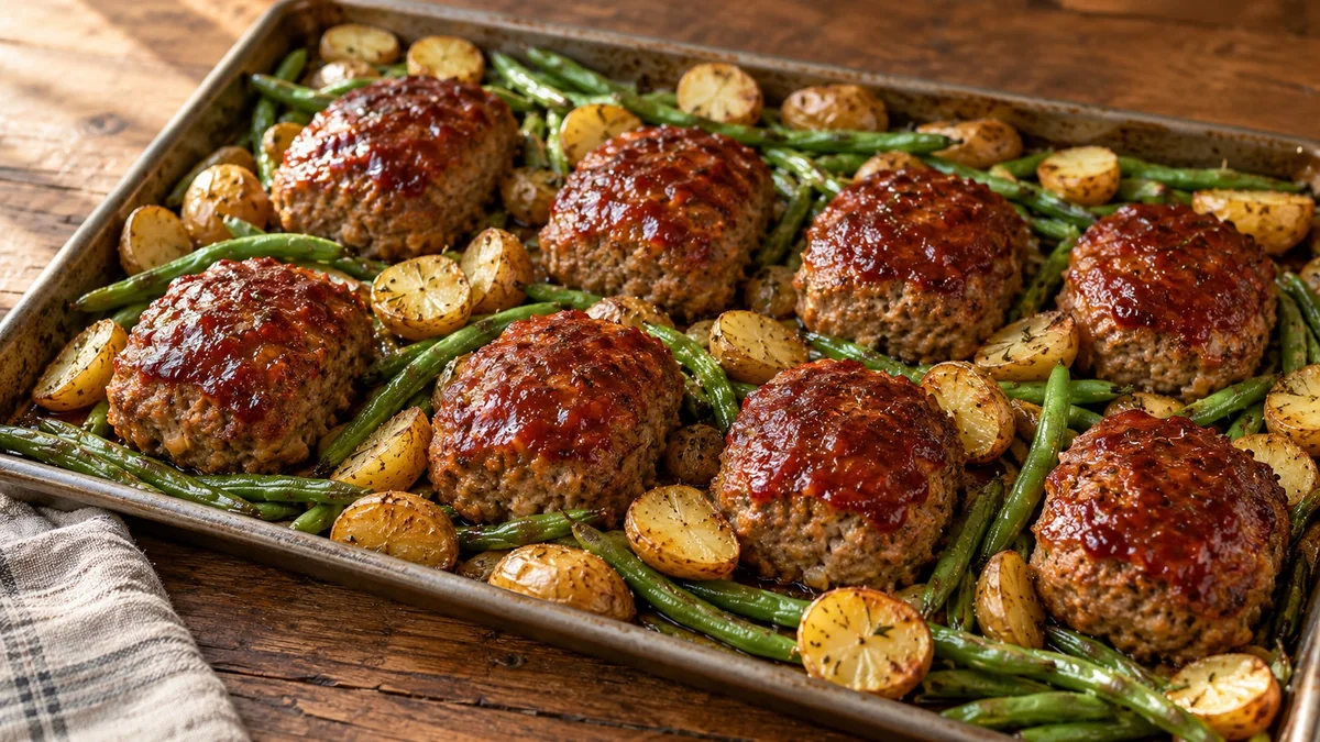 Sheet pan mini meatloaves with ketchup glaze, potatoes and green beans