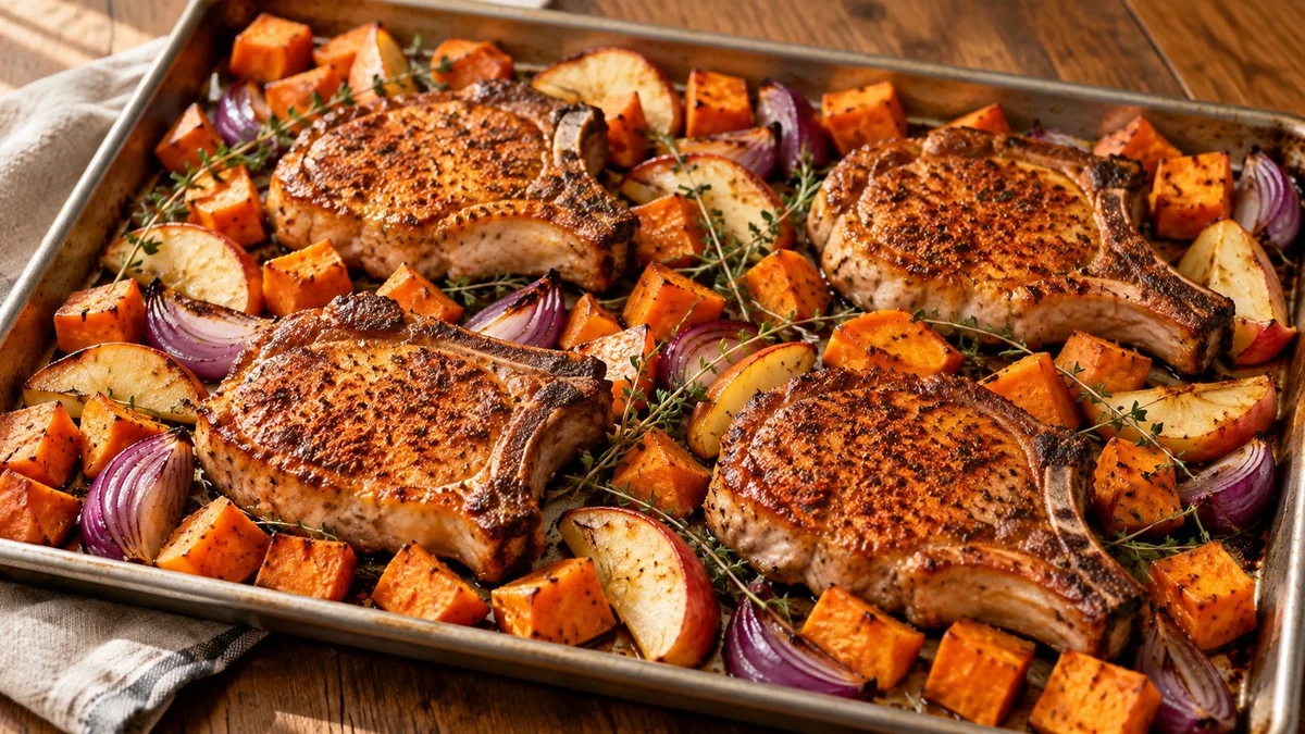 Sheet pan pork chops with roasted sweet potatoes, apples and red onion