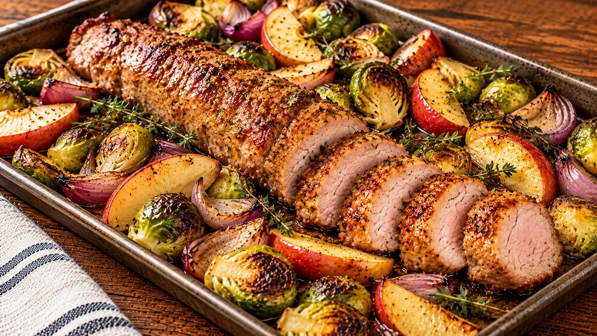 Sliced sheet pan pork tenderloin with roasted apples and Brussels sprouts