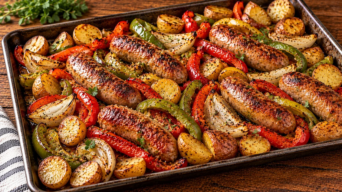 Sheet pan Italian sausage with roasted peppers, onions and potatoes