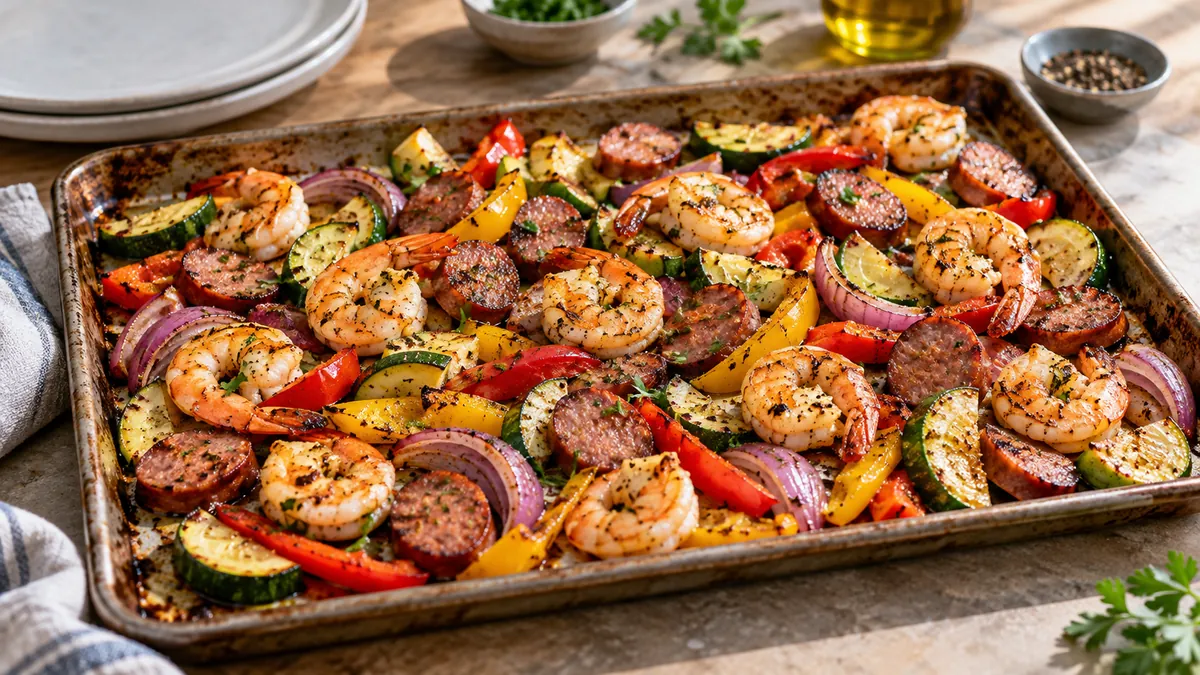Sheet pan of roasted shrimp, smoked sausage, zucchini, peppers and red onion