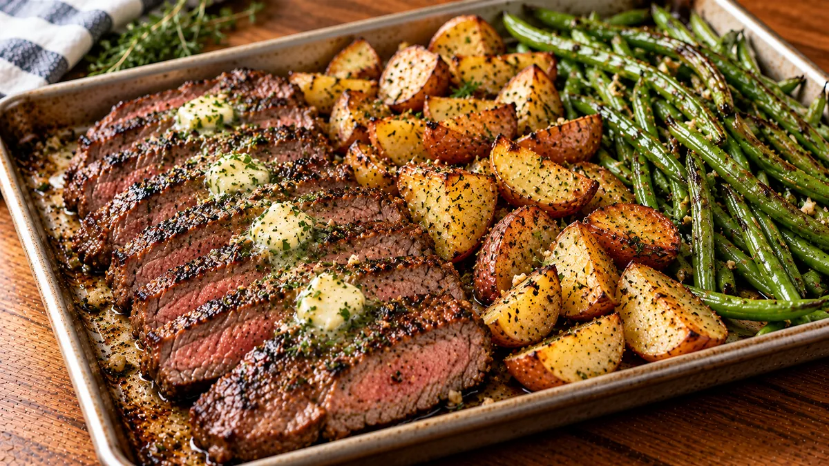 Sheet pan of sliced sirloin with herb butter, roasted potato wedges and green beans