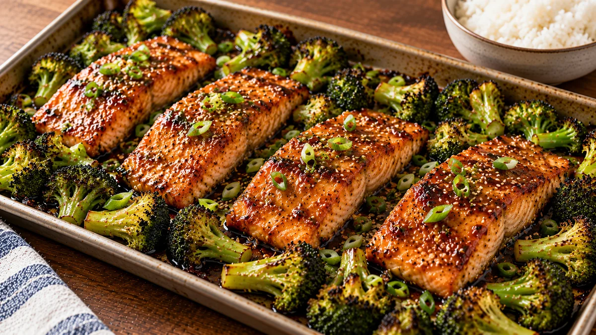 Sheet pan teriyaki salmon with roasted broccoli and sesame seeds